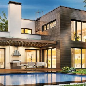 Modern,House,With,Terrace,And,A,Swimming,Pool.,3d,Rendering